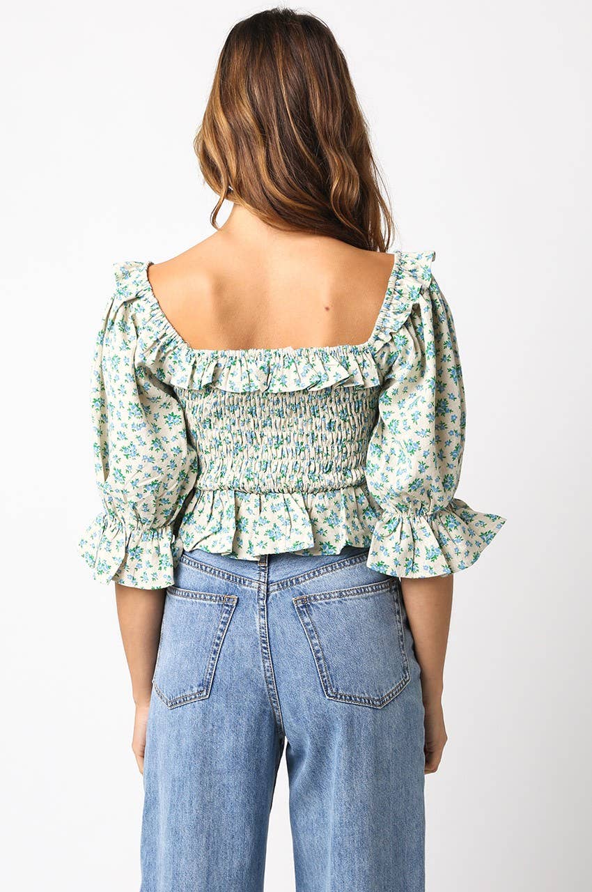 Blue Floral Linen Puff Sleeve Top