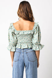 Blue Floral Linen Puff Sleeve Top