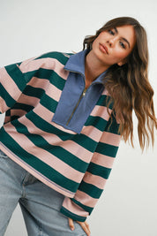 Green Striped Quarter-Zip Contrast Collar Sweatshirt