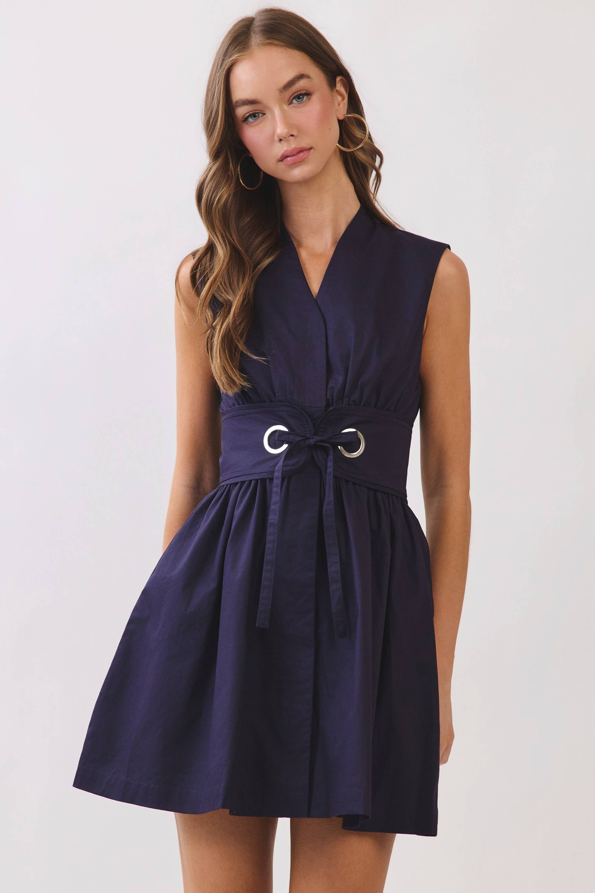 Navy Fit & Flare Belt Mini Dress
