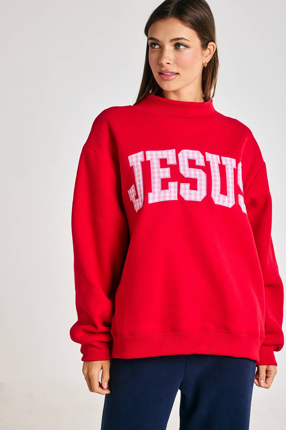 Red & Pink Gingham Jesus Mockneck
