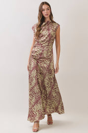 Printed Front Slit Draped Maxi Dress — cowl neck and cap sleeves