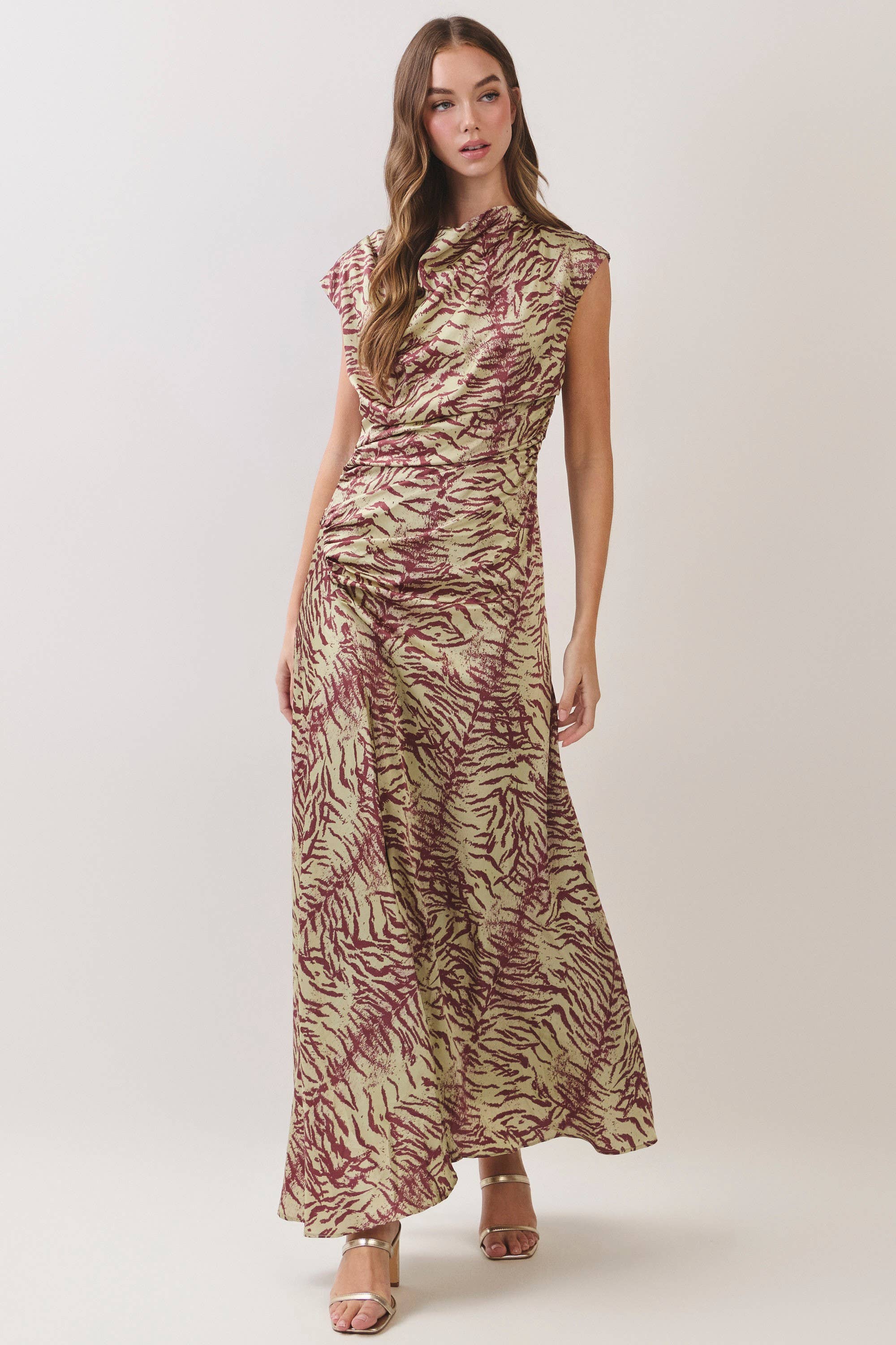 Printed Front Slit Draped Maxi Dress — cowl neck and cap sleeves