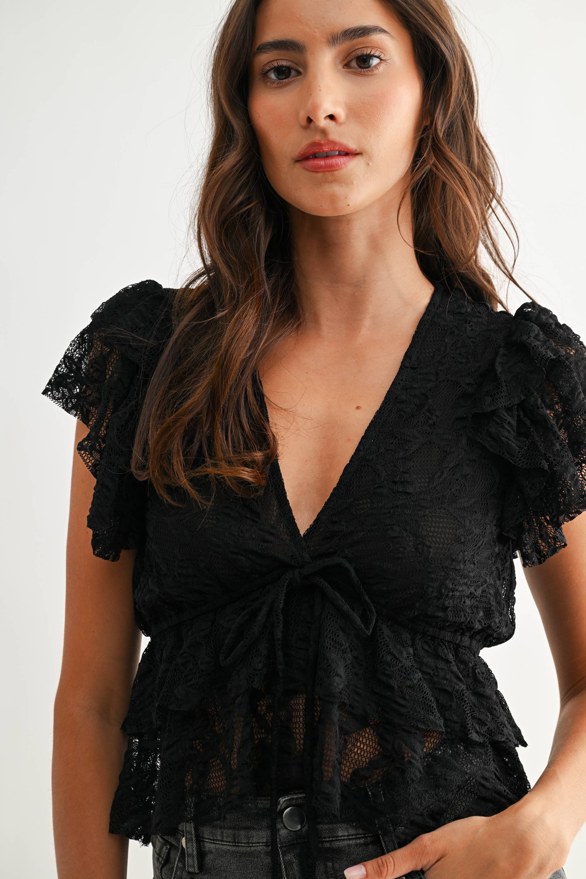 Black Lace Ruffled Blouse