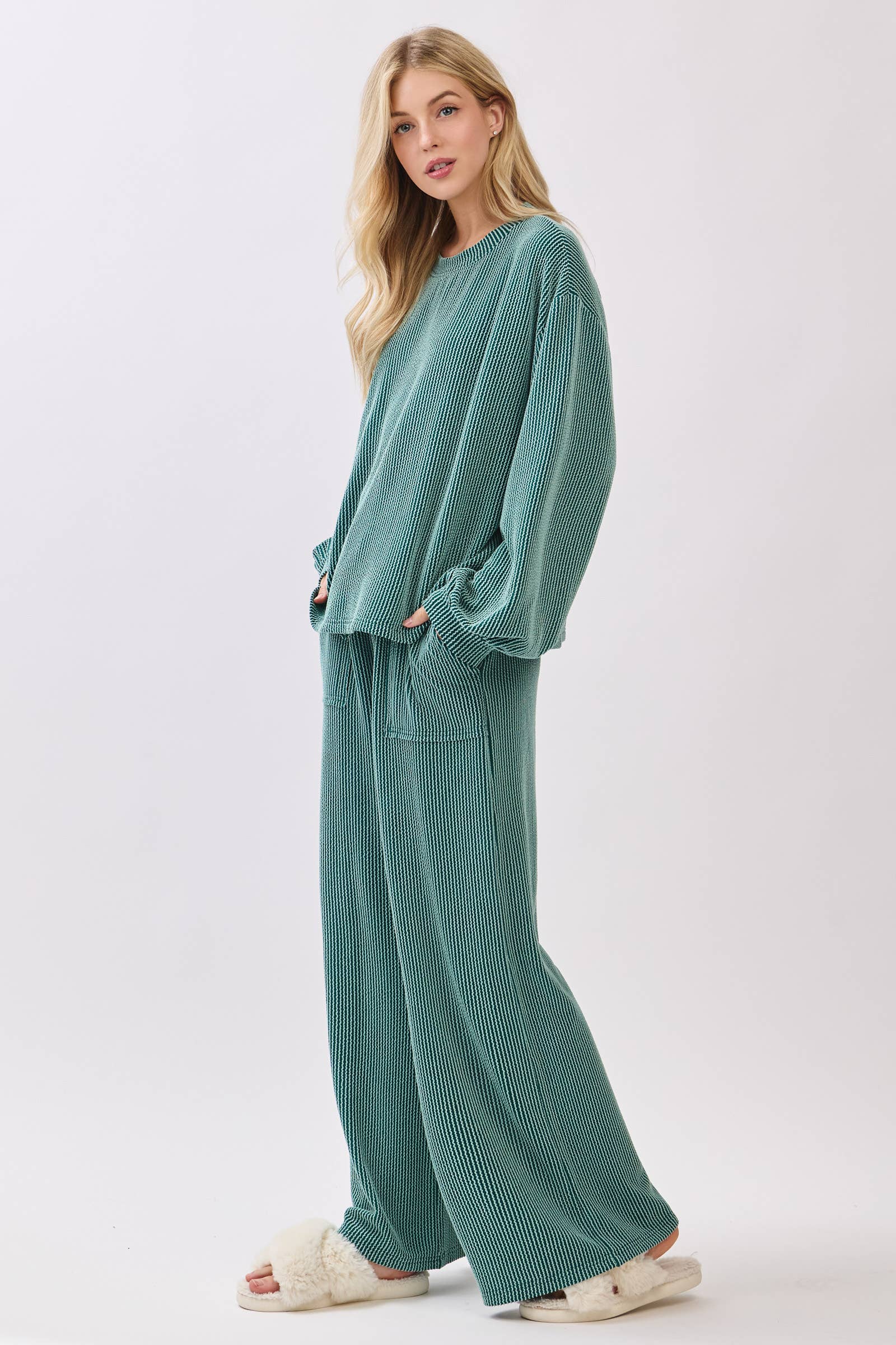 Teal Ribbed Knit Top and Wide Leg Pants Set