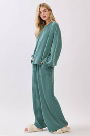 Teal Ribbed Knit Top and Wide Leg Pants Set