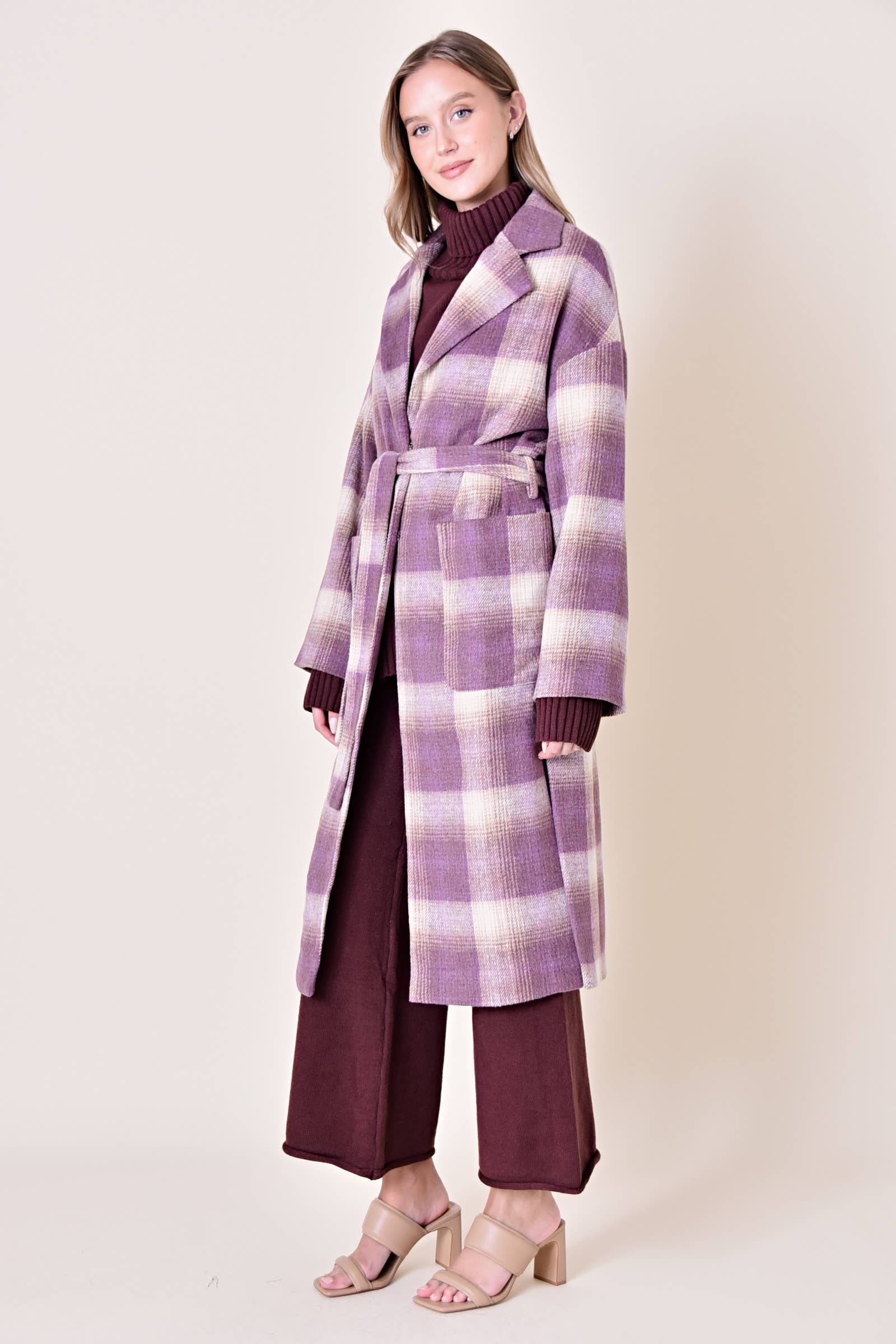 Lavender Plaid Belted Long Coat