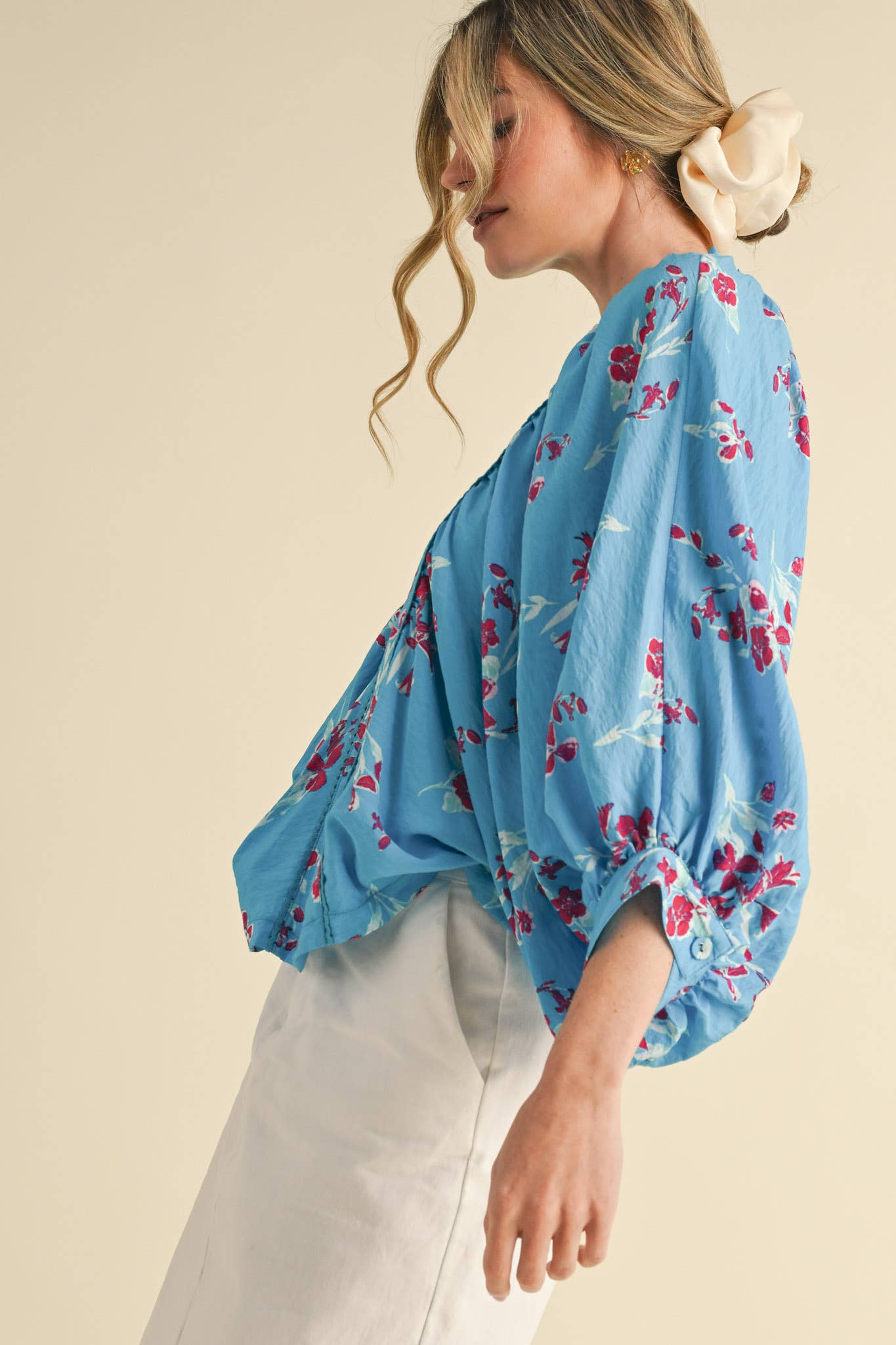 Blue Floral Dolman Sleeve Blouse