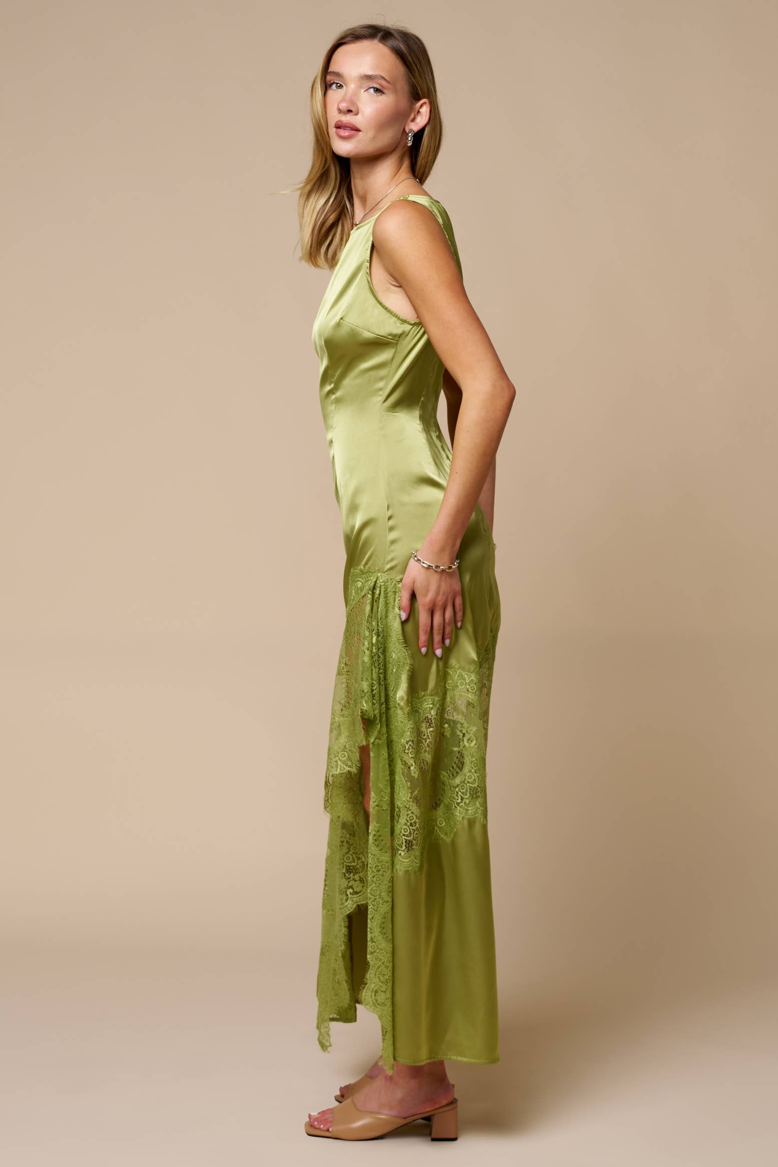 Green Lace Trim Slit Maxi Dress