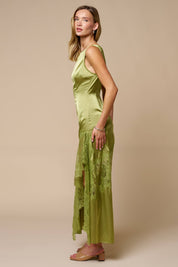 Green Lace Trim Slit Maxi Dress