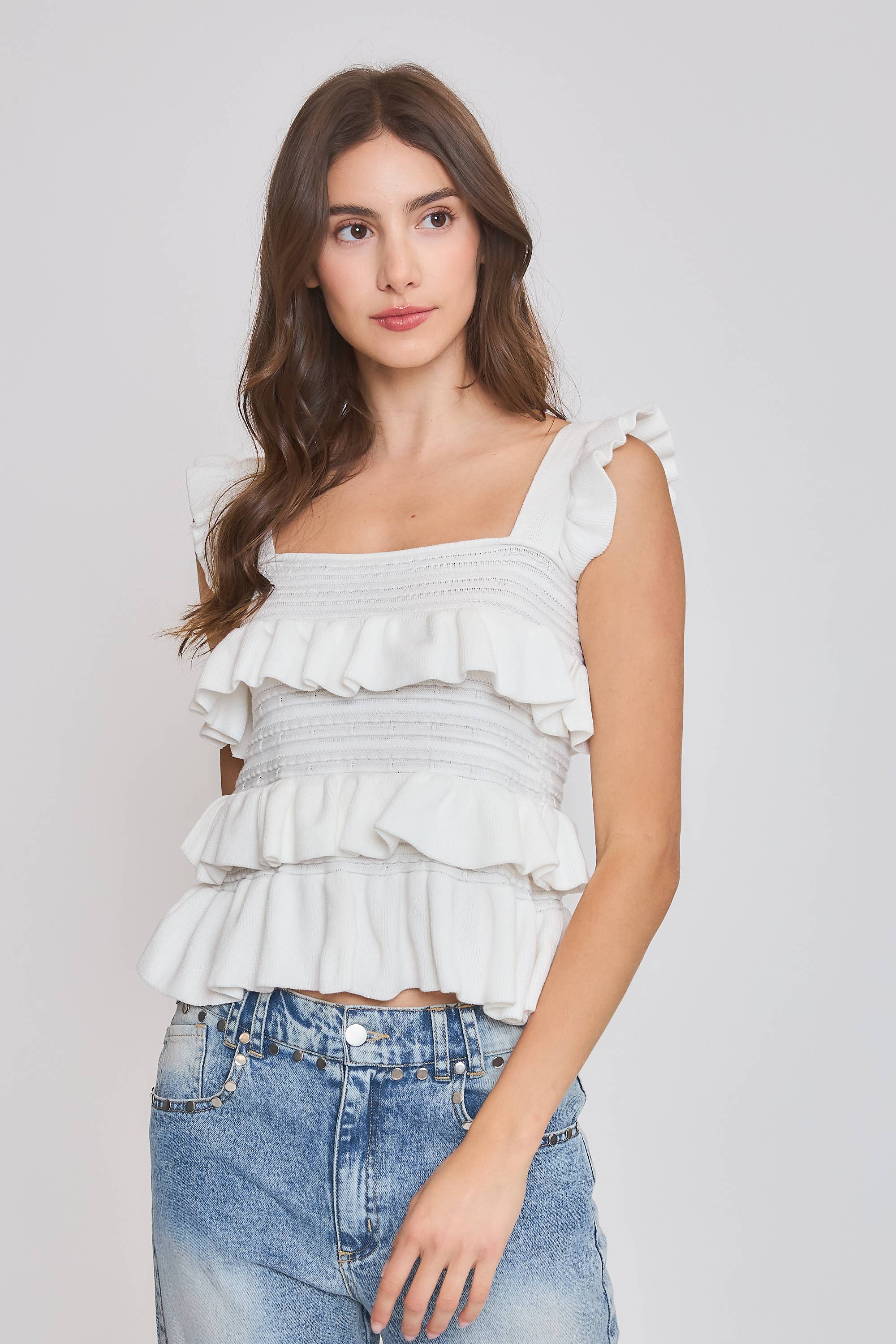 White Ruffled Knit Sleeveless Top