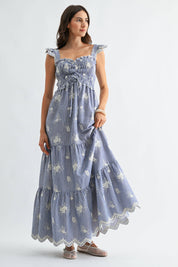 Blue Embroidered Striped Maxi Dress