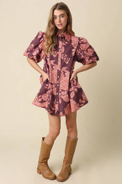 Maroon Floral Puff Sleeve Mini Dress showing collared neckline
