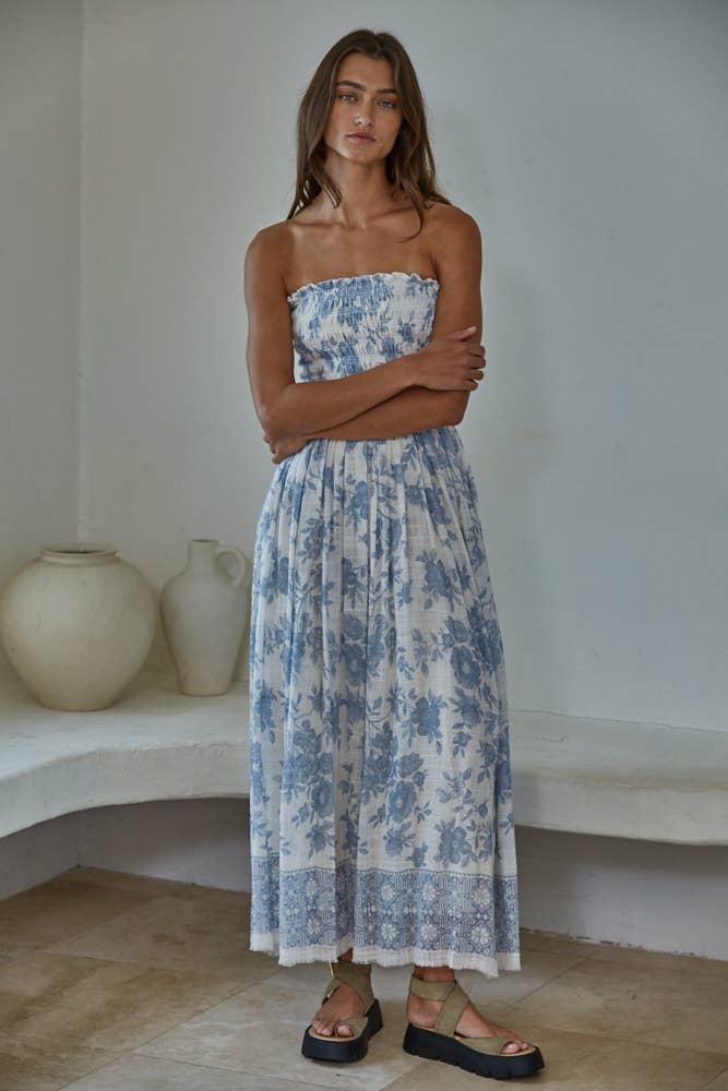 Blue Floral Strapless Midi Dress