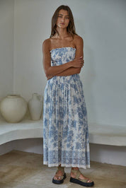 Blue Floral Strapless Midi Dress