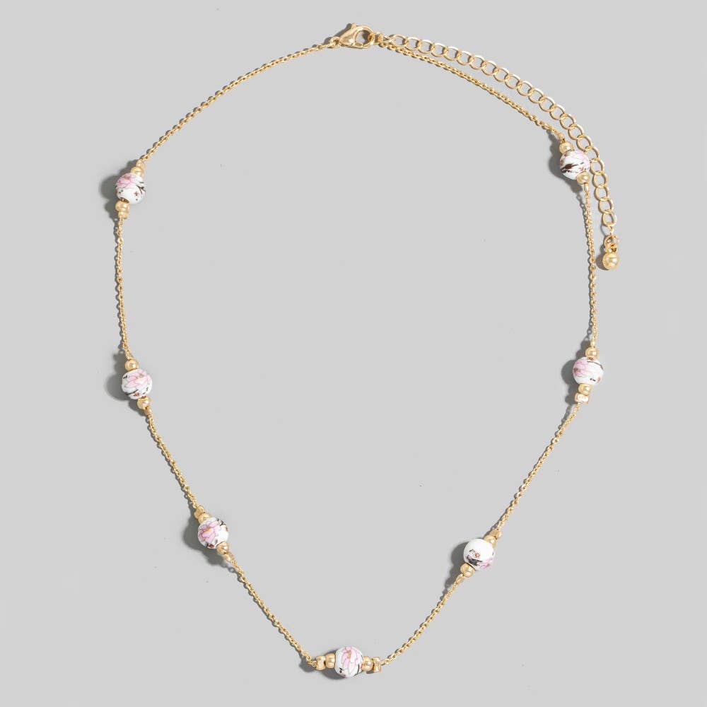 Floral Ceramic Station Beads Chain Necklace