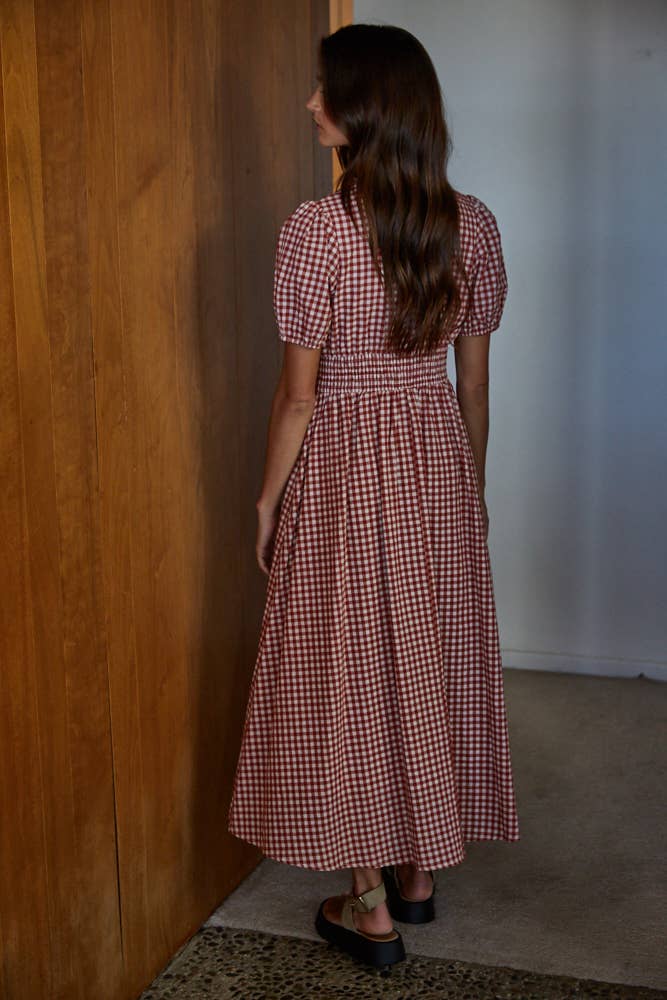 Red & White Gingham Print Button-Down Dress