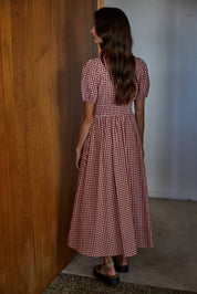 Red & White Gingham Print Button-Down Dress