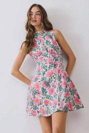 Pink Floral Open Back Mini Dress