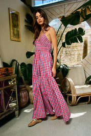 Red Gingham Smocked Maxi Dress
