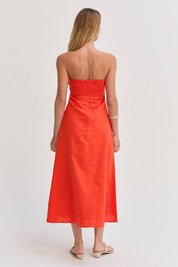 Orange Linen Front Twist Midi Dress