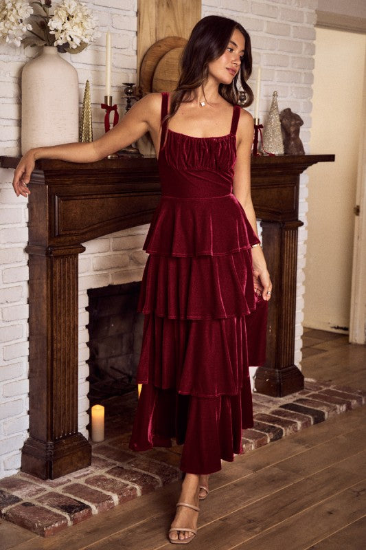 Wine Velvet Holiday Christmas Tiered Maxi Dress