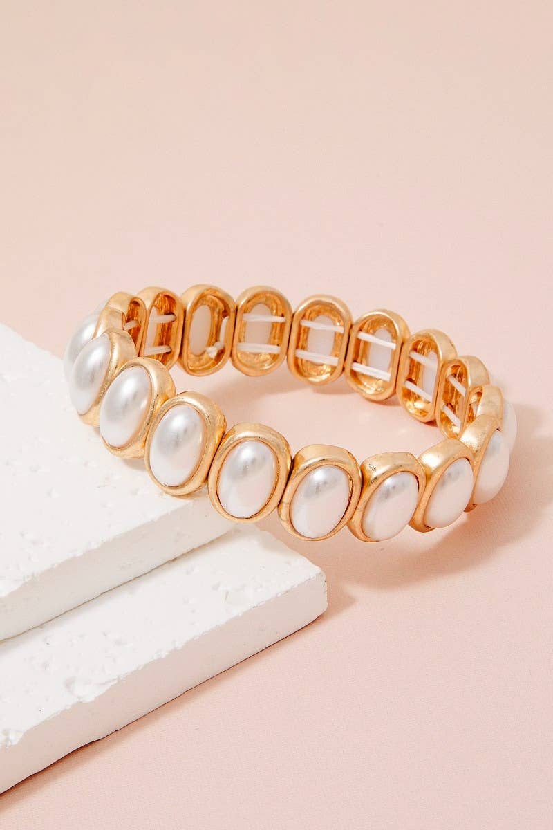 Metallic Set Oval Pearl Beads Elastic Bracelet