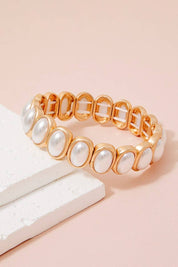 Metallic Set Oval Pearl Beads Elastic Bracelet