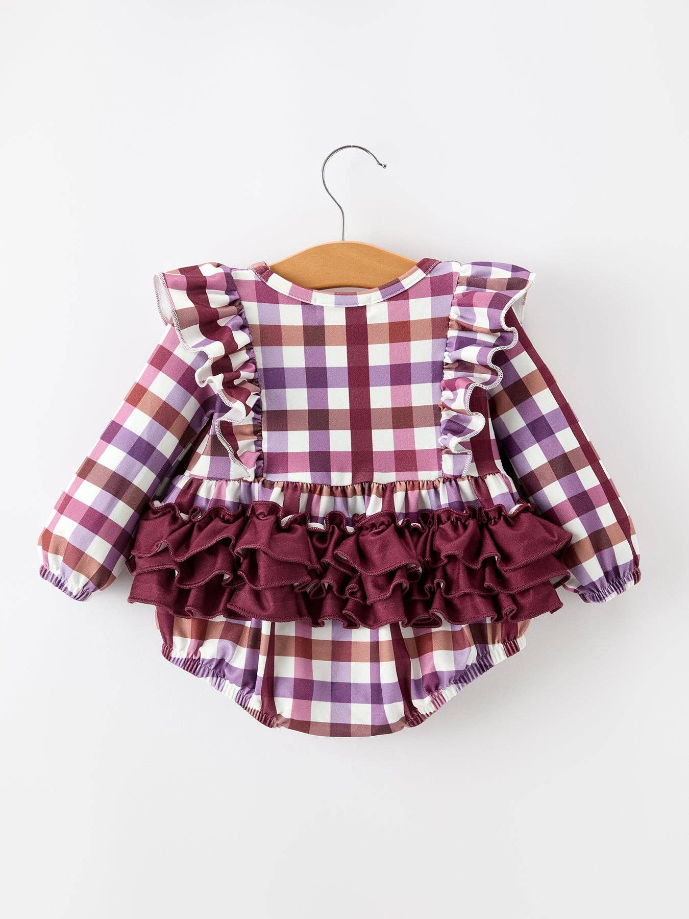 Fall Plaid Bow Ruffle Girls Bubble Romper showing round neckline