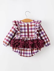 Fall Plaid Bow Ruffle Girls Bubble Romper showing round neckline