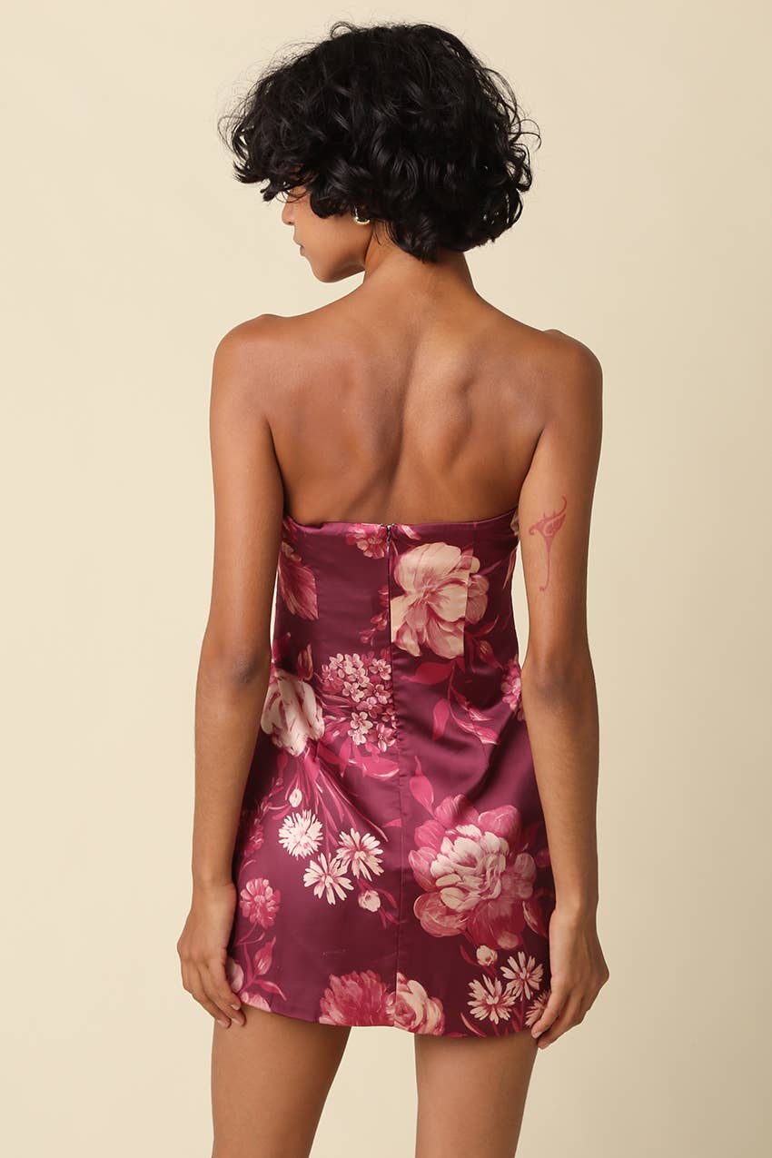Maroon Floral Strapless Mini Dress showing figure-skimming silhouette
