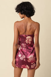 Maroon Floral Strapless Mini Dress showing figure-skimming silhouette