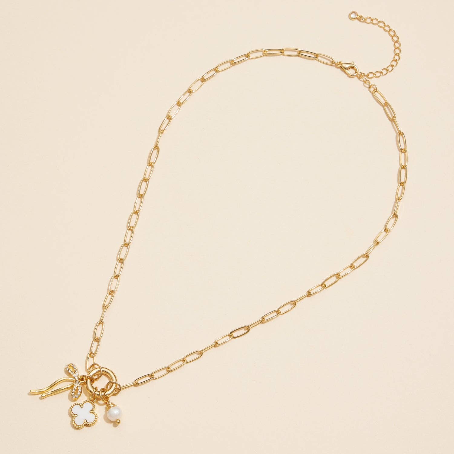 Gold Dipped Bow Charm Necklace with Clover & Pearl