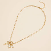 Gold Dipped Bow Charm Necklace with Clover & Pearl