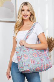 Lt Blue Floral Quilted Tote Bag