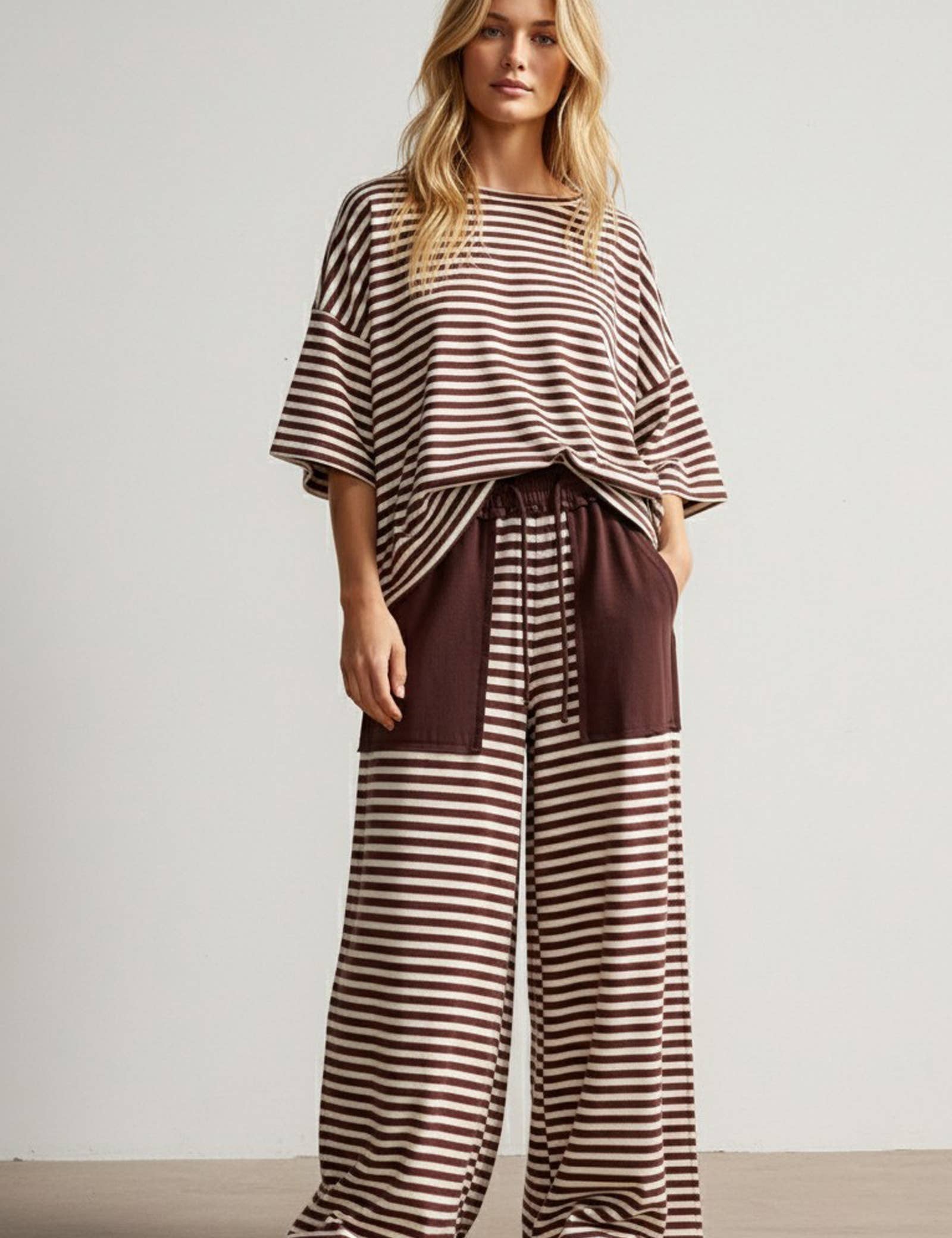 Brown & Ivory Striped Knit Lounge Set