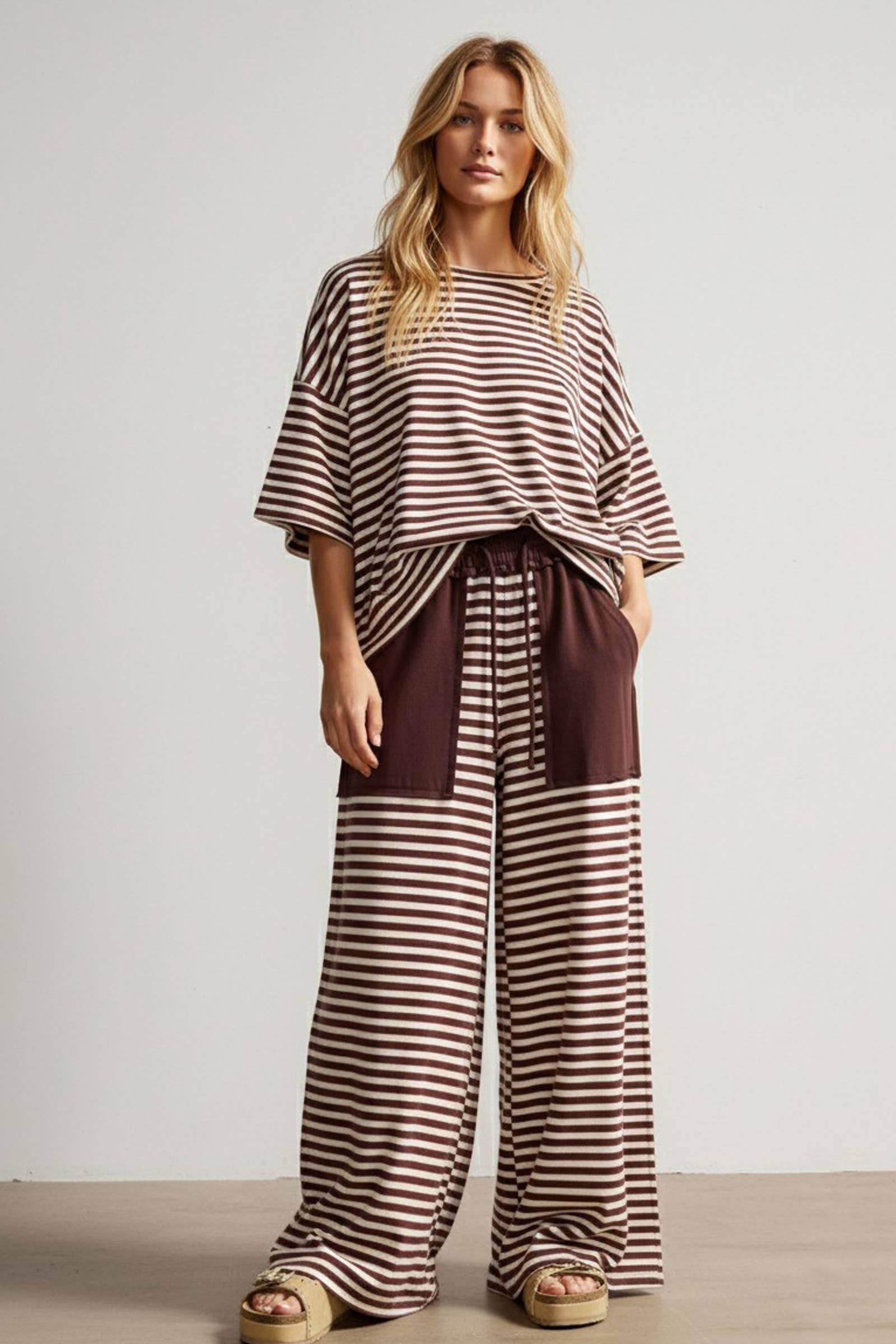 Brown & Ivory Striped Knit Lounge Set
