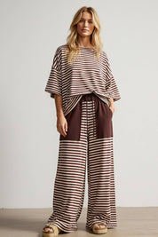 Brown & Ivory Striped Knit Lounge Set