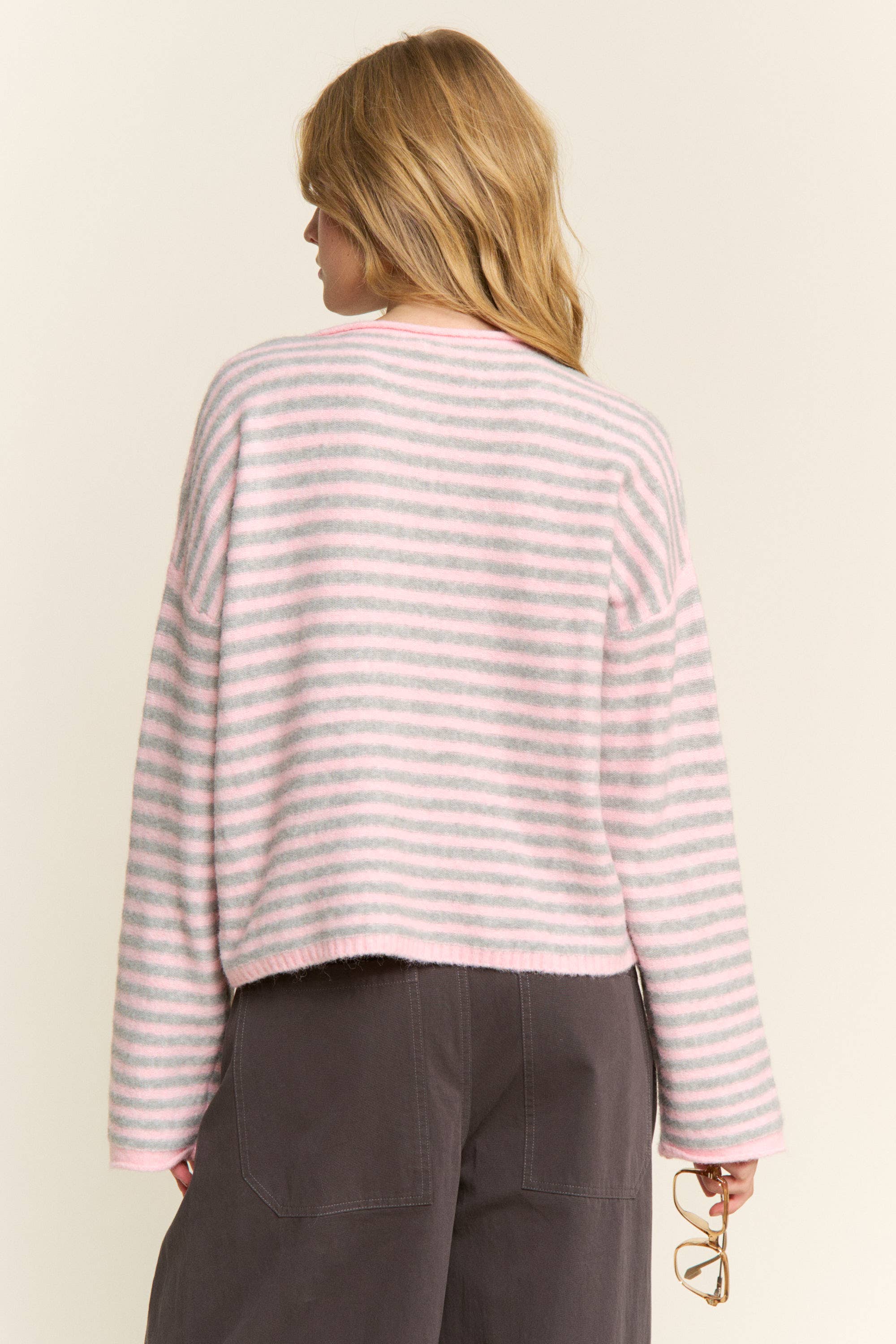 Pink Striped Henley Knit Sweater