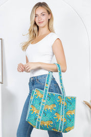 Green Cheetah Reversible Quilted Tote Bag