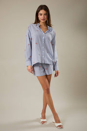 Navy & White Stripe Flag Button Down Top