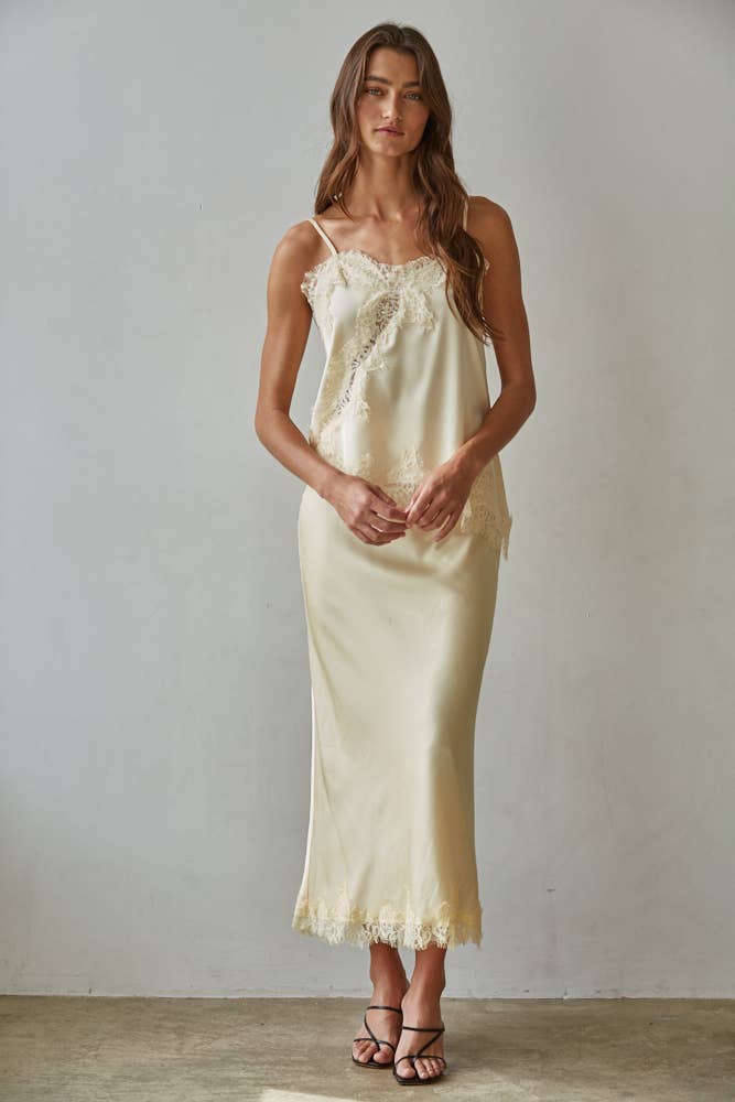 Yellow Satin Midi Skirt