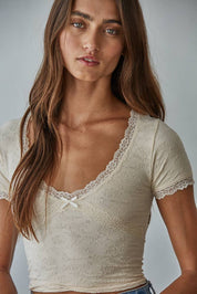 Cream Jacquard Pattern Seamless V-Neck Top