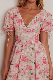 Pink Floral Puff Sleeve Maxi Dress