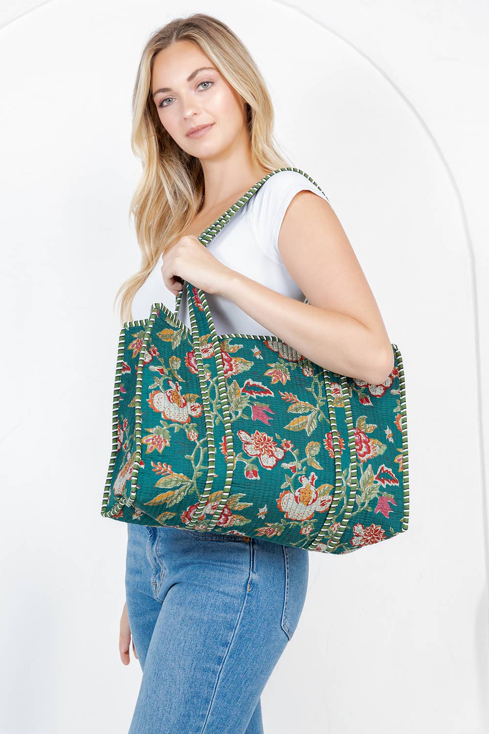 Green Floral Quilted Tote Bag