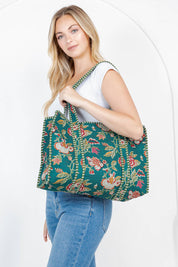 Green Floral Quilted Tote Bag