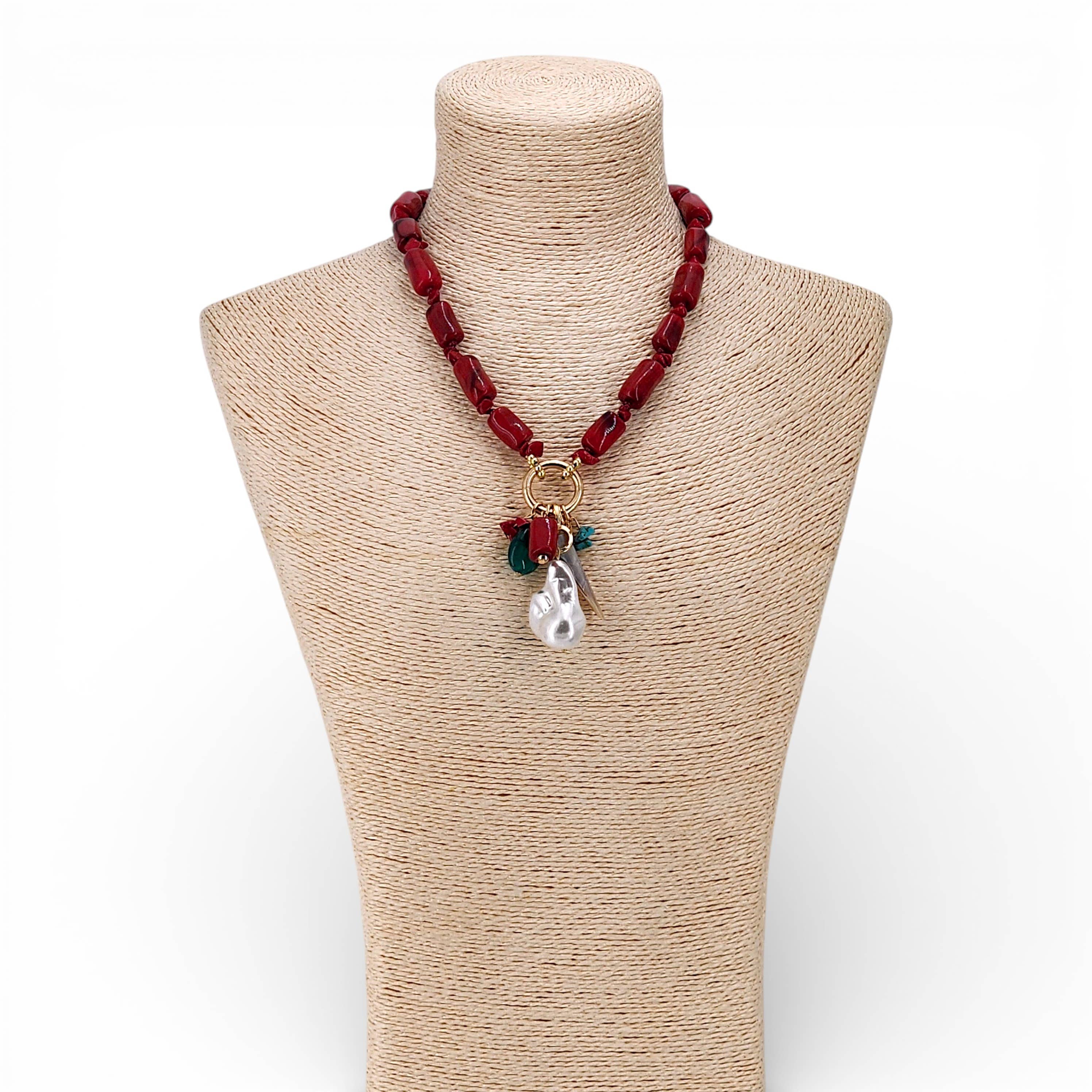 Red Coral & Pearl Beaded Charm Necklace