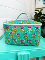 Aqua Floral Quilted Large Cosmetics Bag