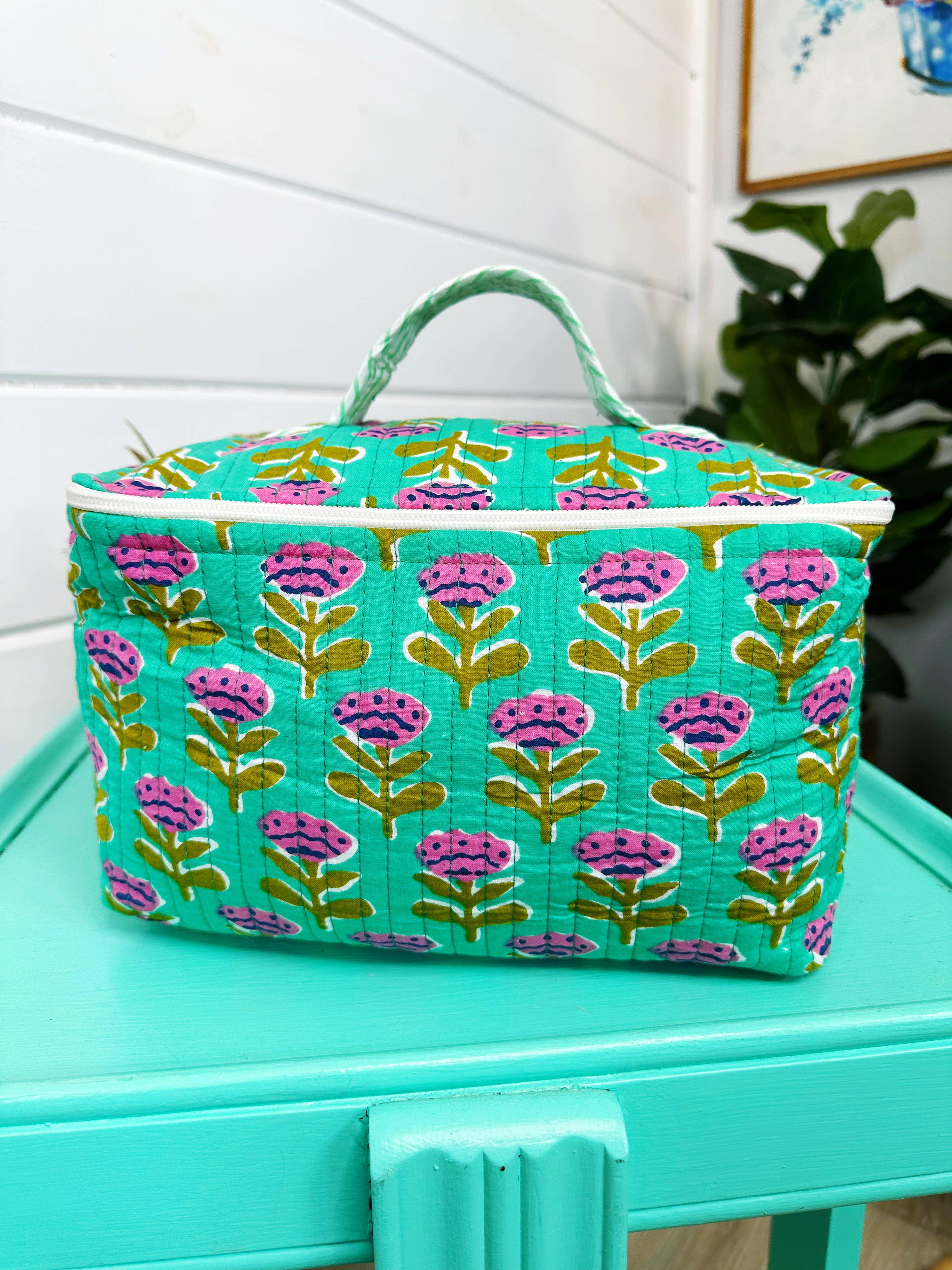 Aqua Floral Quilted Large Cosmetics Bag