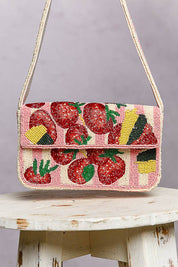 Pink Beaded Fruit Pattern Shoulder Bag